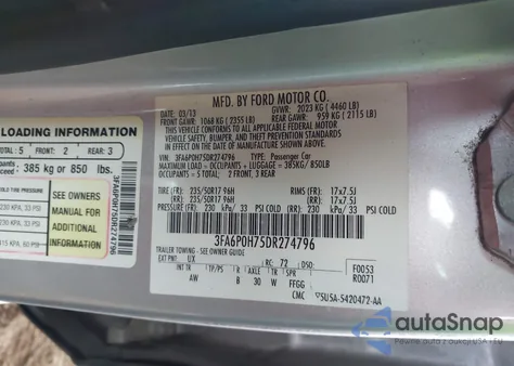 2013 Ford Fusion Se из США, поврежденный, VIN 3FA6P0H75DR274796